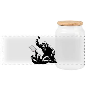 Monkey judge hits protesters - Panoramic Cookie Jar with Wooden Lid - white - Front