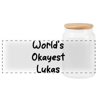 worlds okayest Lukas - Panoramic Cookie Jar with Wooden Lid - white - Front