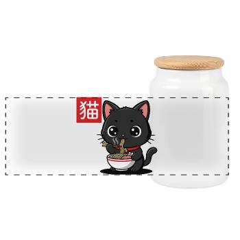Chaton mange Ramen Illustration - Boîte à biscuits avec couvercle en bois - blanc - Devant