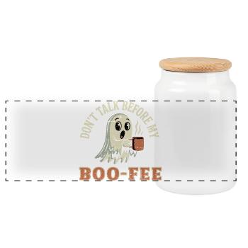 Spooky Ghost with Coffee Quote - Panoramic Cookie Jar with Wooden Lid - white - Front