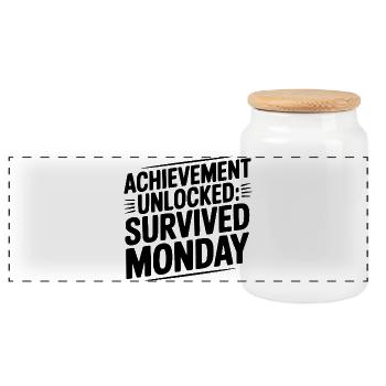 Achievement Unlocked Survived Monday - Panoramic Cookie Jar with Wooden Lid - white - Front