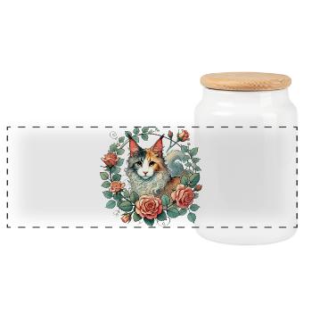 Chat élégant avec cadre floral - Boîte à biscuits avec couvercle en bois - blanc - Devant