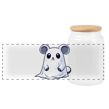 Mouse Halloween Ghost - Panoramic Cookie Jar with Wooden Lid - white - Front