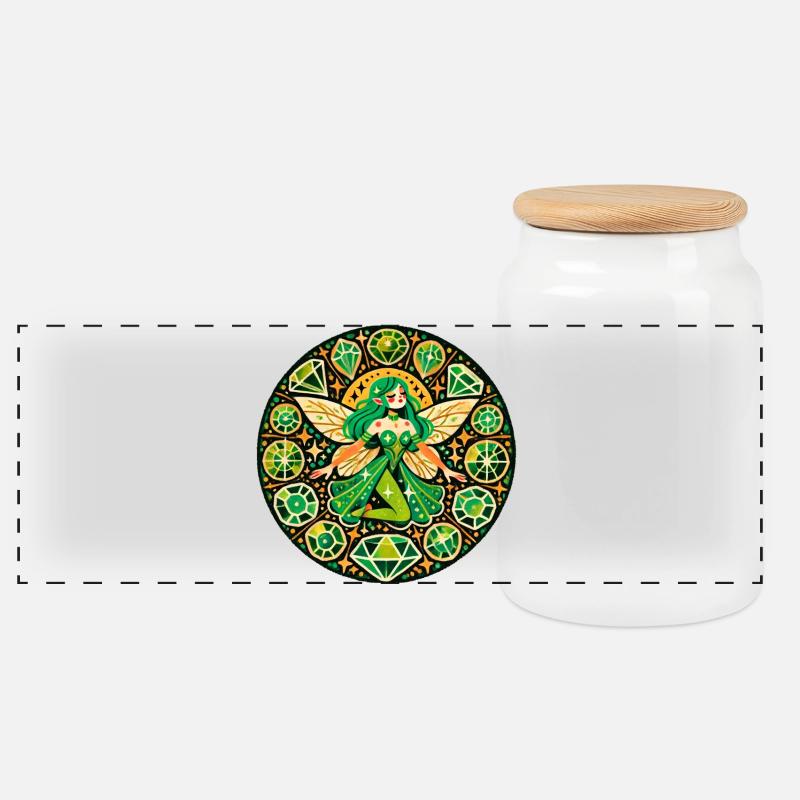 Smaragd-Fee-Mandala - Panorama Keksdose mit Holzdeckel - Weiß