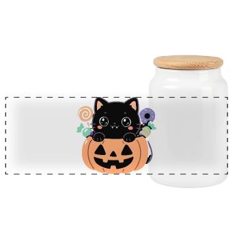 Black Kitten in Kawaii Halloween Pumpkin - Panoramic Cookie Jar with Wooden Lid - white - Front