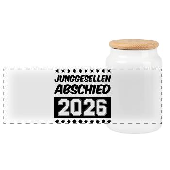 Junggesellenabschied 2026 - Panorama Keksdose mit Holzdeckel - Weiß - Vorne