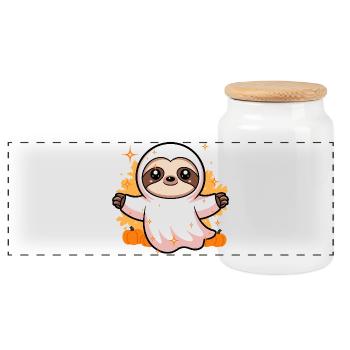 Cute Sloth Ghost Costume with Pumpkins - Panoramic Cookie Jar with Wooden Lid - white - Front