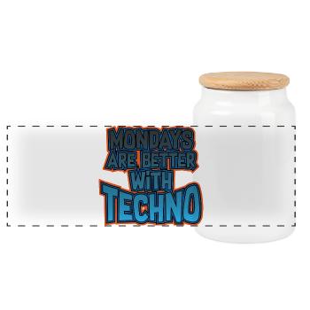 Mondays Are Better with Techno - Panoramic Cookie Jar with Wooden Lid - white - Front