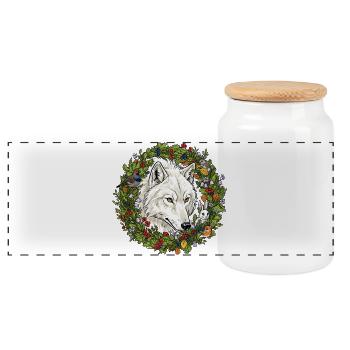Weißer Waldwolf im Blumenkranz - Panorama Keksdose mit Holzdeckel - Weiß - Vorne