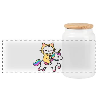 Chat sur une licorne arc en ciel - Boîte à biscuits avec couvercle en bois - blanc - Devant