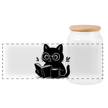 Book Cat Coffee Lover Book Reading Cat - Panoramic Cookie Jar with Wooden Lid - white - Front