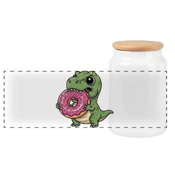 Süßer T-Rex Dino Donut Cartoon Nachtisch Leckerei - Panorama Keksdose mit Holzdeckel - Weiß - Vorne