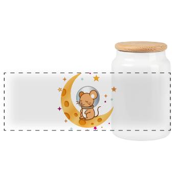 Sleeping Astronaut Mouse on Cheese Moon - Panoramic Cookie Jar with Wooden Lid - white - Front