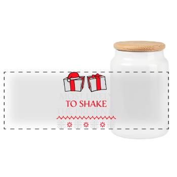Most Likely to Shake the Presents Christmas Fun - Panoramic Cookie Jar with Wooden Lid - white - Front