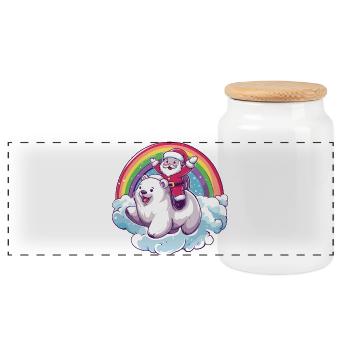 Polar Bear Santa Claus Christmas - Panoramic Cookie Jar with Wooden Lid - white - Front
