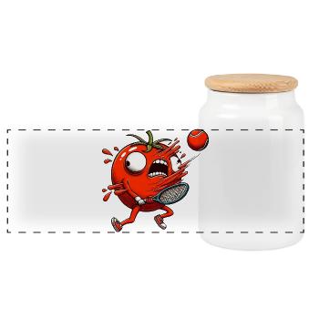 Drôle de tomate jouant au tennis avec une balle de tennis - Boîte à biscuits avec couvercle en bois - blanc - Devant