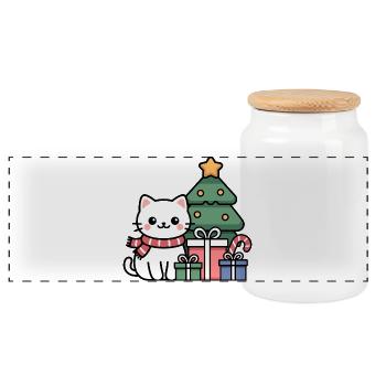 Chat de Noël Kawaii avec des cadeaux - Boîte à biscuits avec couvercle en bois - blanc - Devant