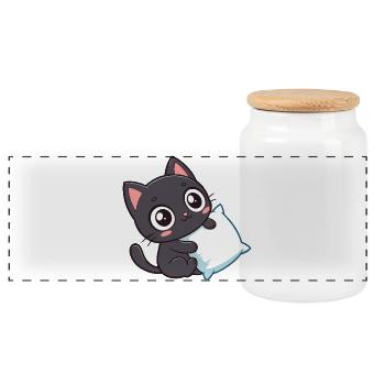 Chaton noir câlin et oreiller - Boîte à biscuits avec couvercle en bois - blanc - Devant