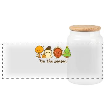 Tis the Season Cute Holiday Crew, Xmas  - Panoramic Cookie Jar with Wooden Lid - white - Front