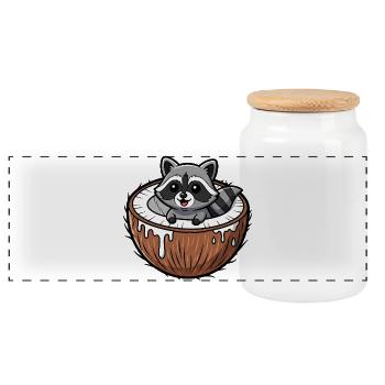 Cute Raccoon Cartoon Palm Tree Fruit Coconut - Panoramic Cookie Jar with Wooden Lid - white - Front