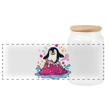 Penguin on pink jam wave - Panoramic Cookie Jar with Wooden Lid - white - Front