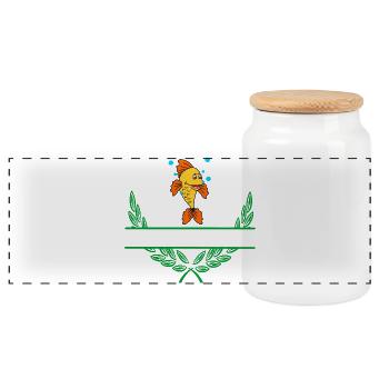 Fish Laurel Wreath with Namespace - Panoramic Cookie Jar with Wooden Lid - white - Front