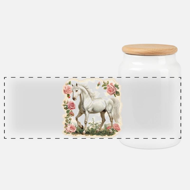 Pferd Vintage Blumen - Panorama Keksdose mit Holzdeckel - Weiß
