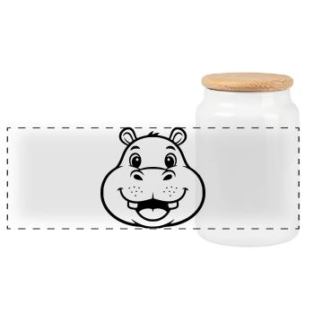 Laughing Hippo Face Head Vector - Panoramic Cookie Jar with Wooden Lid - white - Front