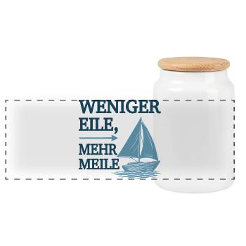 Weniger Eile, mehr Meile Segelmotiv - Panorama Keksdose mit Holzdeckel - Weiß - Vorne