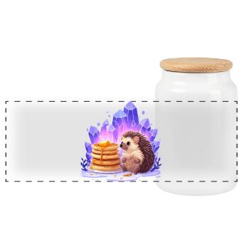 Hedgehog with pancakes and crystals - Panoramic Cookie Jar with Wooden Lid - white - Front