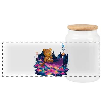 Bär im bunten Kanu im Neonland - Panorama Keksdose mit Holzdeckel - Weiß - Vorne