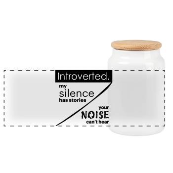 Introverted. Silence – noise. - Panoramic Cookie Jar with Wooden Lid - white - Front