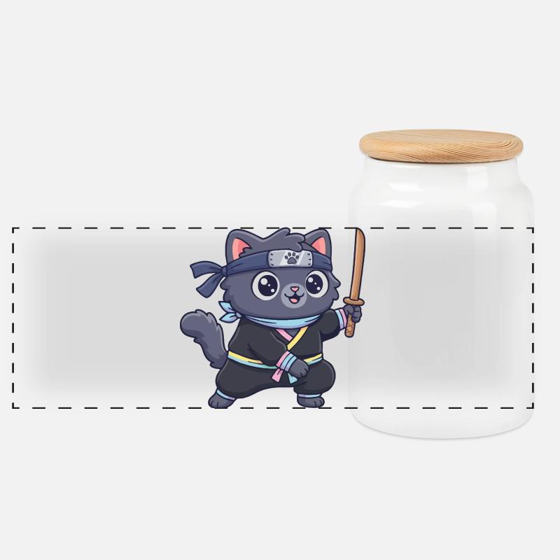 Ninja cat in samurai outfit - Panoramic Cookie Jar with Wooden Lid - white