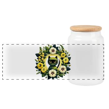 Wrapped Cat Floral Halo - Panoramic Cookie Jar with Wooden Lid - white - Front