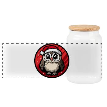 Winter Owl in Santa Hat - Panoramic Cookie Jar with Wooden Lid - white - Front