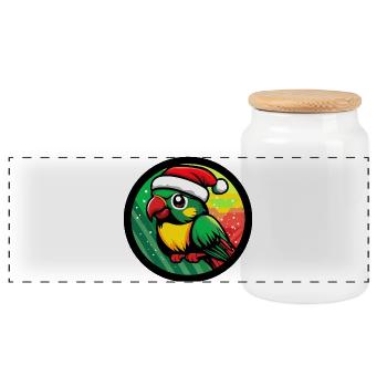 Cheerful parrot in Christmas suit - Panoramic Cookie Jar with Wooden Lid - white - Front