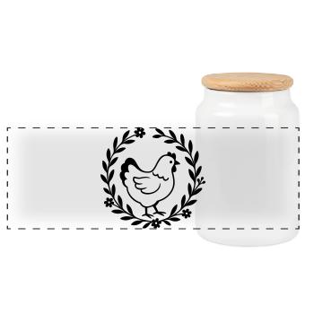 Chicken in a Flower Wreath – Country House Motif - Panoramic Cookie Jar with Wooden Lid - white - Front