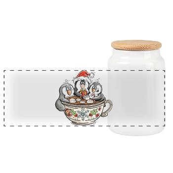 Mignons manchots de Noël dans une tasse de cacao - Boîte à biscuits avec couvercle en bois - blanc - Devant
