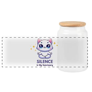 Le chat en méditation - Le silence est mon sanctuaire - Boîte à biscuits avec couvercle en bois - blanc - Devant