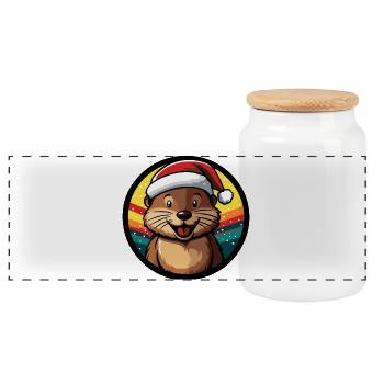 Winter otter in Santa hat - Panoramic Cookie Jar with Wooden Lid - white - Front
