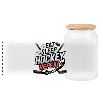 Eat Sleep Hockey Repeat – Hockey Lover Sports Life - Panoramic Cookie Jar with Wooden Lid - white - Front