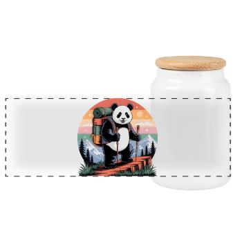 Wandering Panda – Outdoor & Mountain Adventure - Panoramic Cookie Jar with Wooden Lid - white - Front