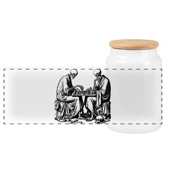 Skeletons play chess - Panoramic Cookie Jar with Wooden Lid - white - Front