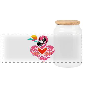 Pink flamingo with heart symbol | Sweet gift - Panoramic Cookie Jar with Wooden Lid - white - Front