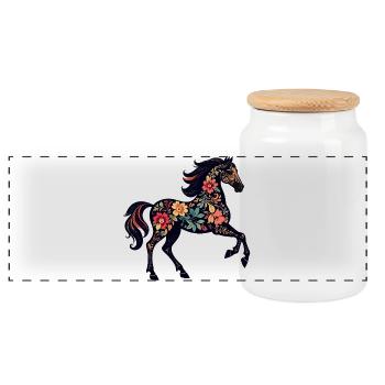 Flower Horse Floral Ornaments Horse Silhouette - Panoramic Cookie Jar with Wooden Lid - white - Front