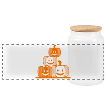 Vier lachende Kürbisse – modernes Halloween-Icon - Panorama Keksdose mit Holzdeckel - Weiß - Vorne
