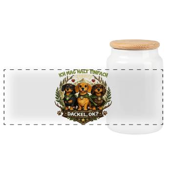 Dackel Natur Wappen Motiv mit Herz und Spruch - Panorama Keksdose mit Holzdeckel - Weiß - Vorne
