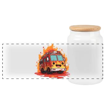 Kawaii Feuerwehrauto Flammen - Panorama Keksdose mit Holzdeckel - Weiß - Vorne
