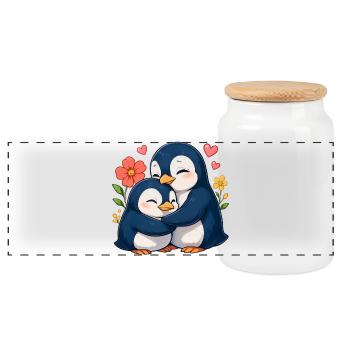 Kuschel-Pinguine im Blumenmeer - Panorama Keksdose mit Holzdeckel - Weiß - Vorne
