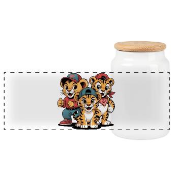 Cute Lion Tiger Leopard Friends - Panoramic Cookie Jar with Wooden Lid - white - Front